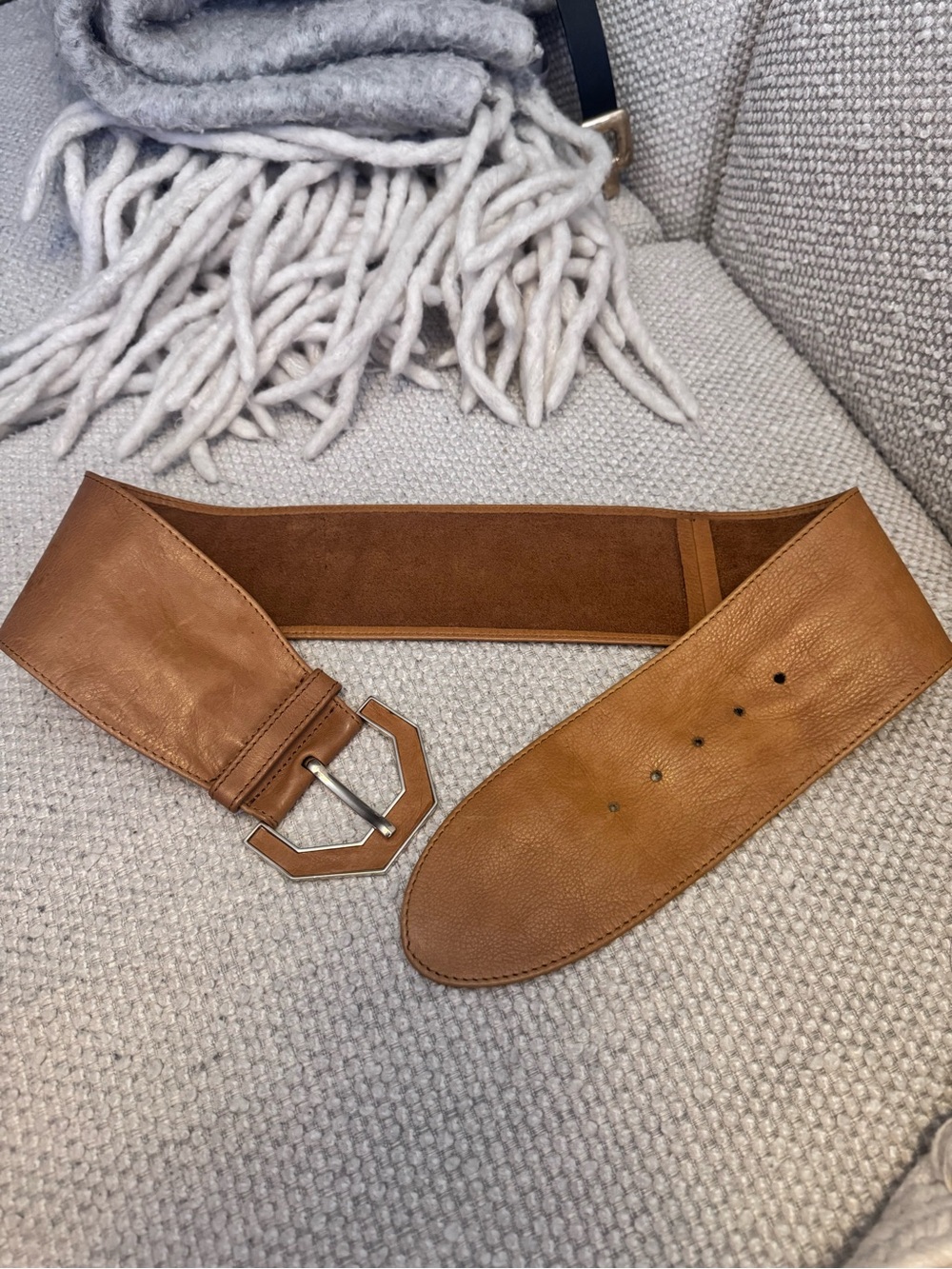 Massimo Dutti Wide Camel Leather Belt Sash